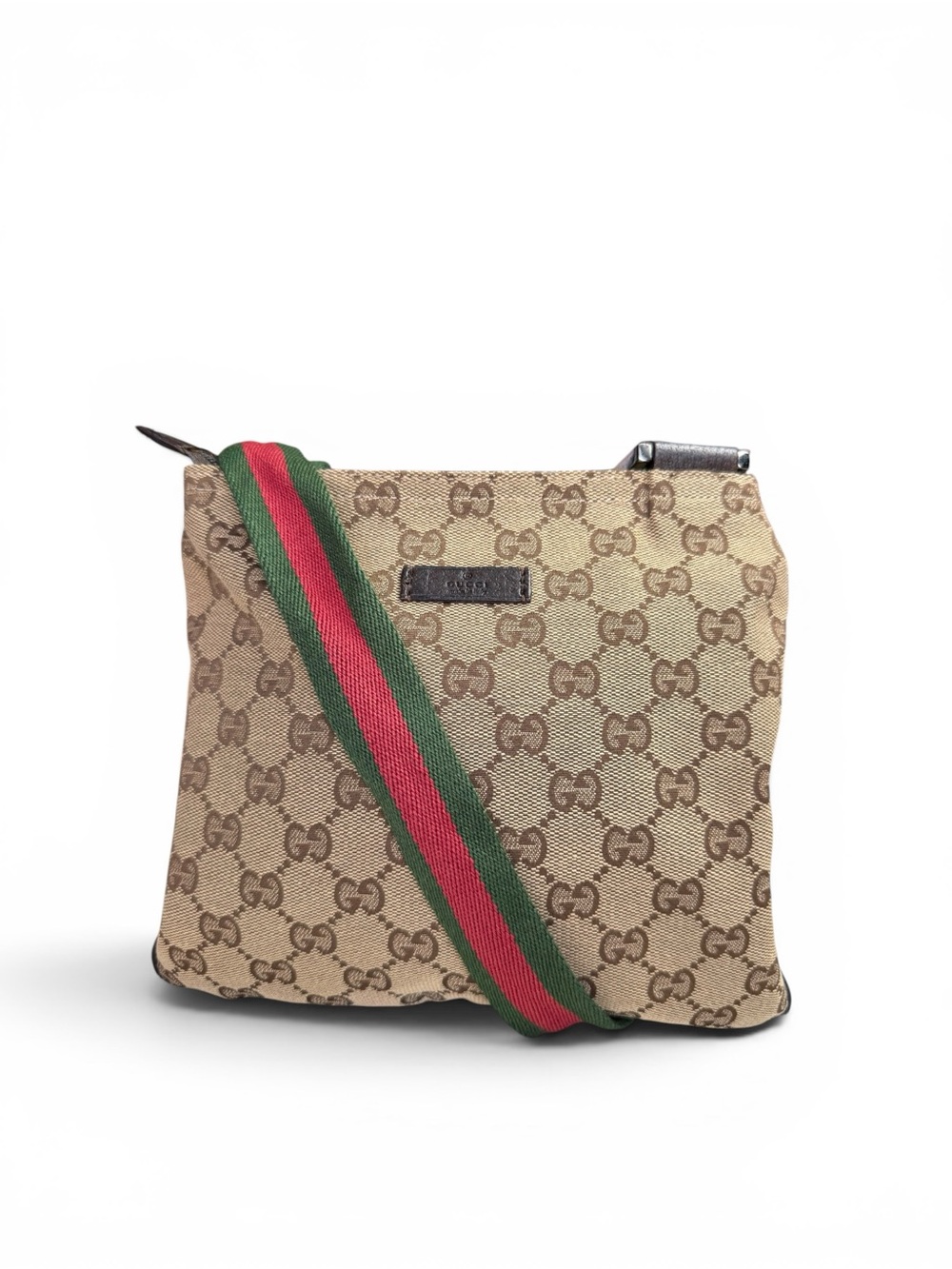 Gucci Small Beige Brown GG Supreme Crossbody with Green and Red Web Strap